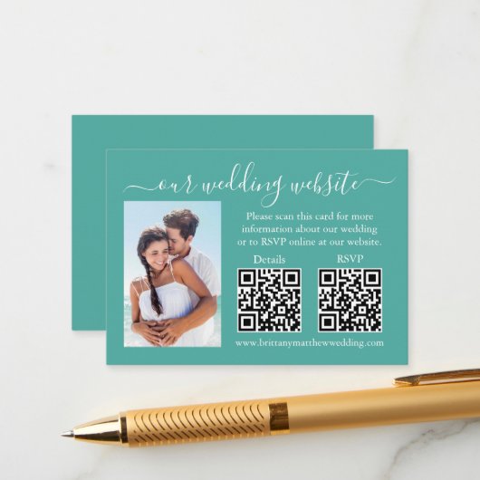 Carte D'accompagnement Mariage RSVP Détails Photo 2 QR Turquoise (Devant/Arrière en situation)