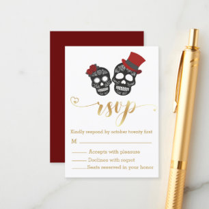 Carte D'accompagnement mariage rsvp écriture dorée squelettes halloween
