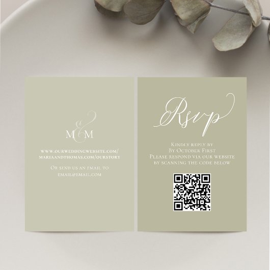 Carte D'accompagnement Mariage RSVP QR Code Script Sage Vert