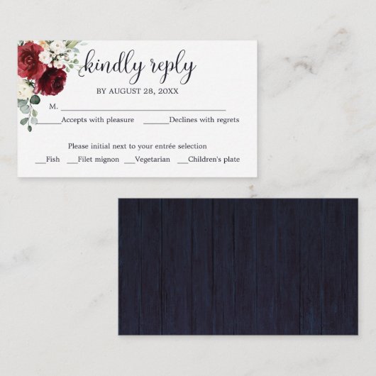 Carte D'accompagnement Mariage RSVP Rustique Bois Floral Marine Bleu (Devant / Derrière)