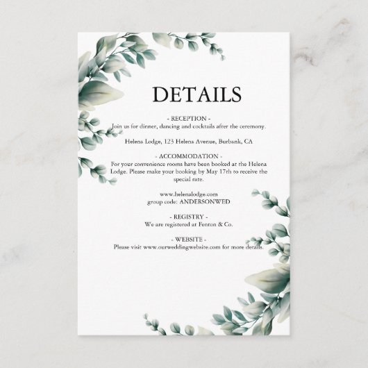 Carte D'accompagnement Mariage Rustique avec Verdure d'Eucalyptus (Devant)