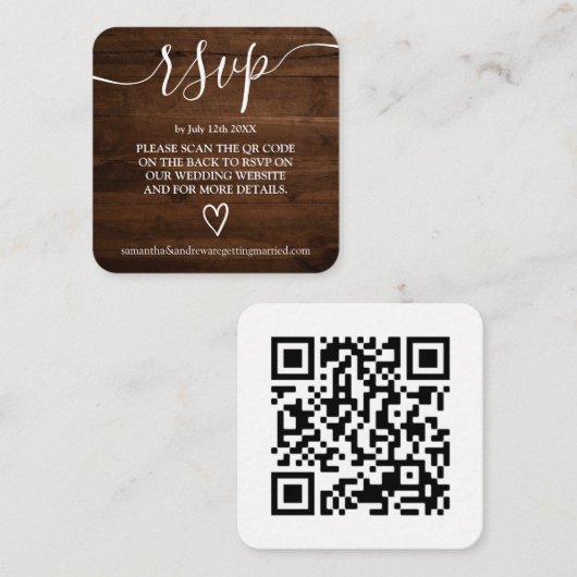 Carte D'accompagnement mariage rustique bois rsvp code Qr (Devant / Derrière)