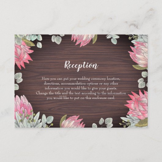 Carte D'accompagnement Mariage rustique Protea Eucalyptus Foliage Bois (Devant)