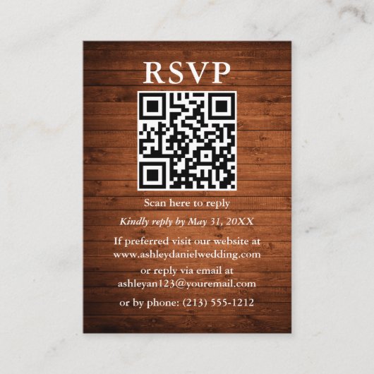 Carte D'accompagnement Mariage rustique QR en bois RSVP (Devant)