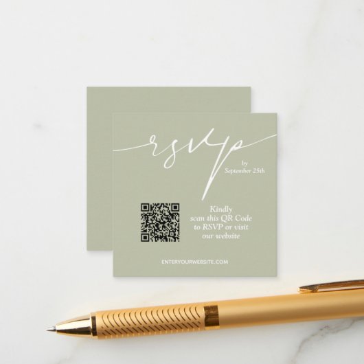 Carte D'accompagnement Mariage simple chic avec code QR vert sauge (Devant/Arrière en situation)