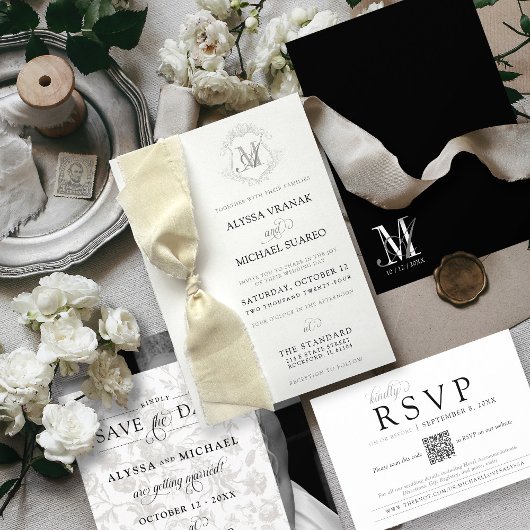 Carte D'accompagnement Mariage simple de monogramme noir et blanc QR RSVP