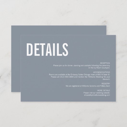 Carte D'accompagnement Mariage simple Dusty Blue Typography Détails (Devant / Derrière)