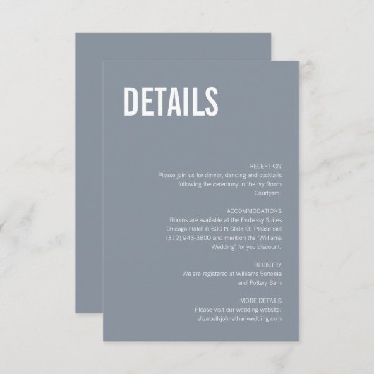 Carte D'accompagnement Mariage simple Dusty Blue Typography Détails (Devant / Derrière)