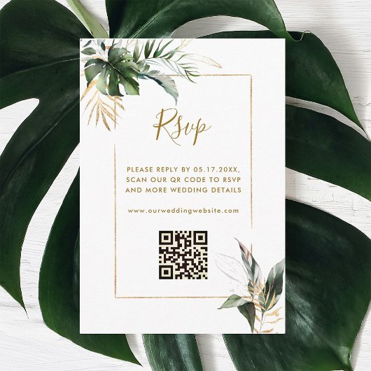 Carte D'accompagnement Mariage Tropical Foliage Or RSVP avec code QR