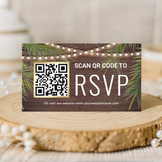 Carte D'accompagnement Mariage Tropical Palm Bois Rustique Code QR RSVP