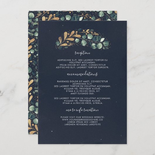 Carte D'accompagnement Mariage vert et bleu or Information Invité (Devant / Derrière)