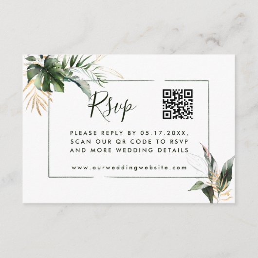 Carte D'accompagnement Mariage vert Feuille tropical RSVP avec code QR (Devant)
