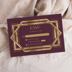 Carte D'accompagnement Mariage vintage 1920 Déco Bourgogne Rouge Or RSVP