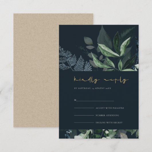 Carte D'accompagnement Marine Black Green Leafy Foliage Mariage Rsvp (Devant / Derrière)