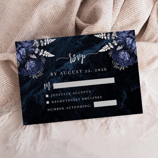 Carte D'accompagnement Marine Bleu Argent Floral Agate Script Mariage RSV