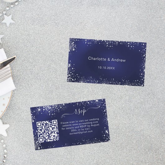 Carte D'accompagnement Marine bleu argent parties scintillant QR code RSV