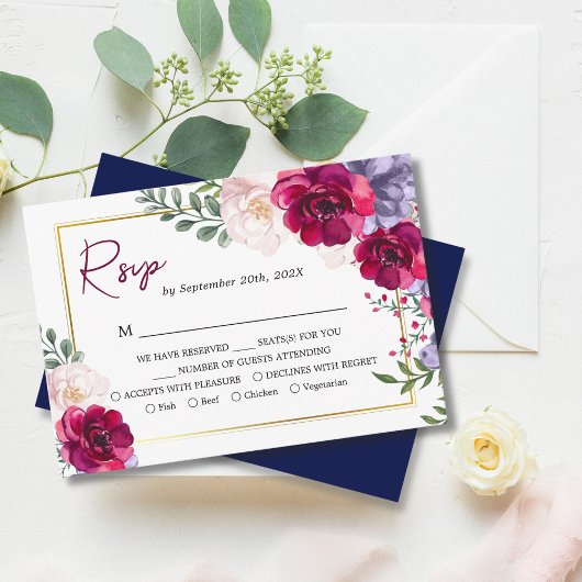 Carte D'accompagnement Marine Bleu Bourgogne & Blush Floral Gold Frame RS