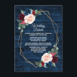 Carte D'accompagnement Marine Bleu Bourgogne Or Blush Mariage campagnard<br><div class="desc">Il présente une grange bleu marine foncé ou un arrière - plan à grains de bois décoré d'un cadre géométrique en or imprimé,  paré d'éléments floraux et verdoyants dans les tons marine,  rose,  bordeaux et plus.</div>
