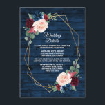 Carte D'accompagnement Marine Bleu Bourgogne Or Blush Mariage campagnard<br><div class="desc">Il présente une grange bleu marine foncé ou un arrière - plan à grains de bois décoré d'un cadre géométrique en or imprimé,  paré d'éléments floraux et verdoyants dans les tons marine,  rose,  bordeaux et plus.</div>