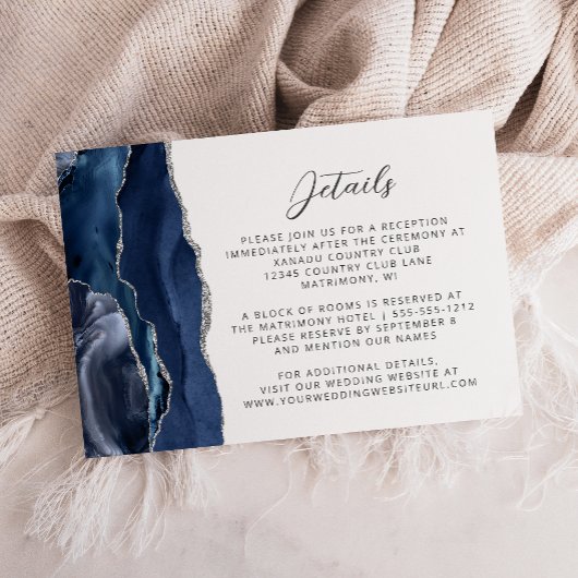 Carte D'accompagnement Marine Blue Agate Argent Détails du Mariage