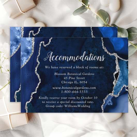 Carte D'accompagnement Marine Blue and Silver Agate Mariage Hébergements