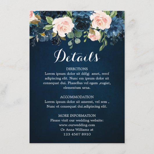 Carte D'accompagnement Marine Blue Blush Rose Rose Boho Détails du Mariag (Devant)