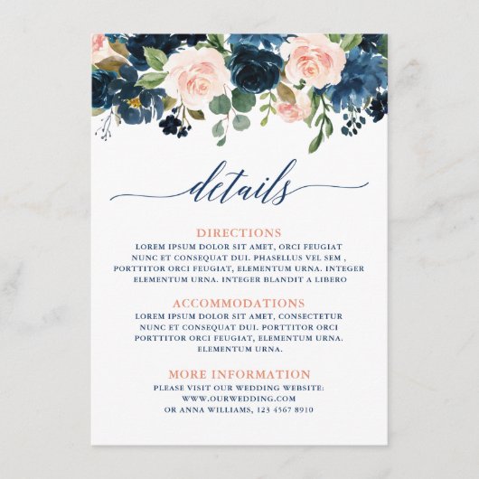 Carte D'accompagnement Marine Blue Blush Rose Rose Boho Détails du Mariag (Devant)