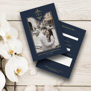 Carte D'accompagnement Marine Blue Chic Fake Gold Initiales Mariage Flour