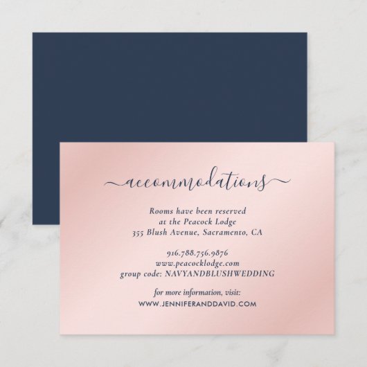 Carte D'accompagnement Marine Blue et Blush Mariage Hôtel Hébergement (Devant / Derrière)