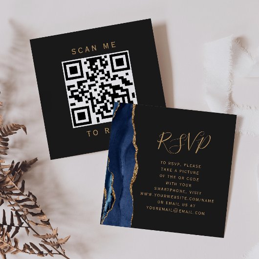 Carte D'accompagnement Marine Blue Gold Agate Dark Mariage QR Code RSVP
