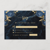Carte D'accompagnement Marine Blue Gold Floral Agate Script Mariage RSVP (Devant)