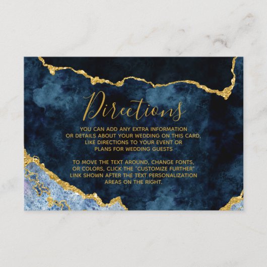 Carte D'accompagnement Marine Blue Gold Foil Agate Mariage Directions (Devant)