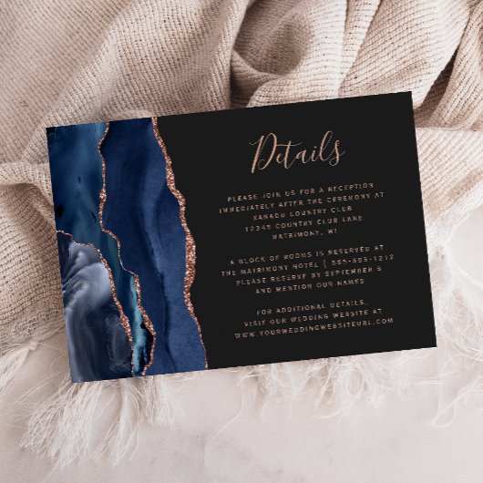 Carte D'accompagnement Marine Blue Rose Gold Agate Dark Mariage Détails