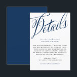Carte D'accompagnement Marine Blue Rustic Calligraphy Détails du Mariage<br><div class="desc">Cette carte de détails mariage bleu marine personnalisable présente un design calligraphique rustique, ajoutant une touche personnelle à votre grand jour. Avec ses couleurs bleu marine et blanc intemporelles, il s'associe sans effort à n'importe quel thème mariage, du classique au rustique. La calligraphie rustique ajoute une touche de charme manuscrite,...</div>