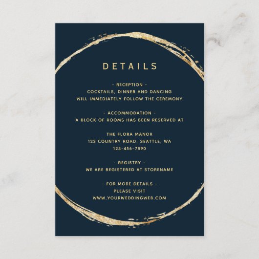 Carte D'accompagnement Marine Blue Rustic Gold Circle Détails du Mariage (Devant)