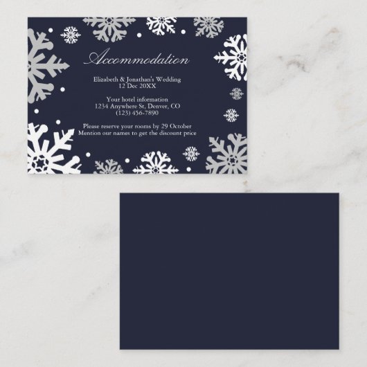 Carte D'accompagnement Marine Blue Snowflakes Hiver Mariage Hébergement (Devant / Derrière)