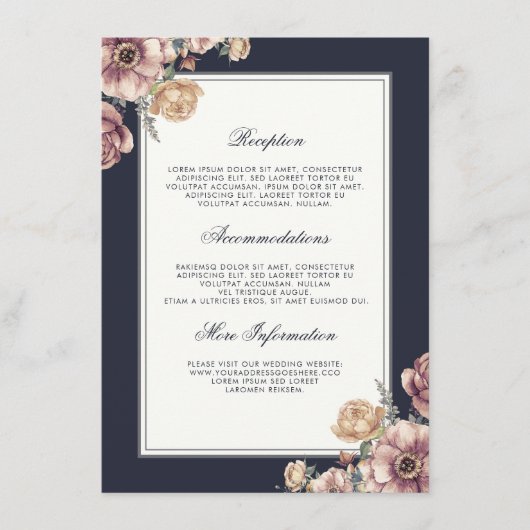 Carte D'accompagnement Marine et Mauve Floral Mariage Information Invité (Devant)