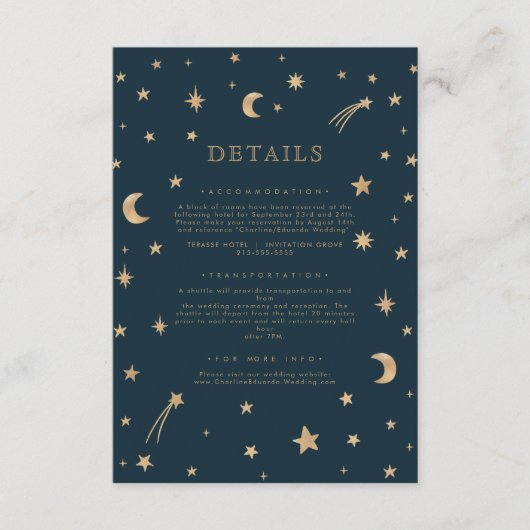 Carte D'accompagnement Marine Mystical Gold Stars Moon Détails du Mariage (Devant)