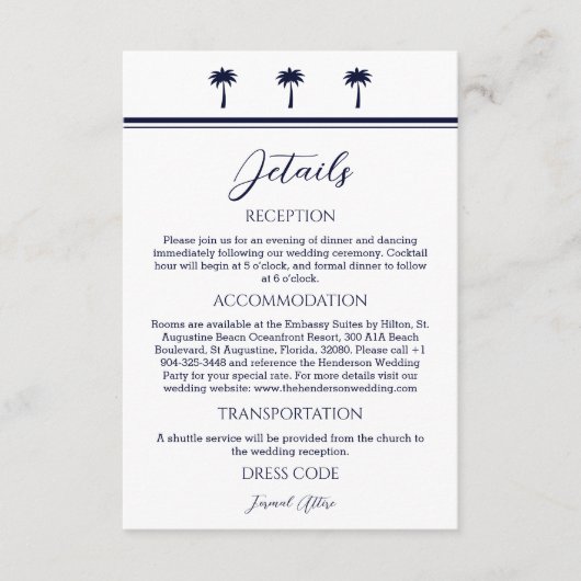 Carte D'accompagnement Marine Palm Tree Coastal Détails du Mariage (Devant)