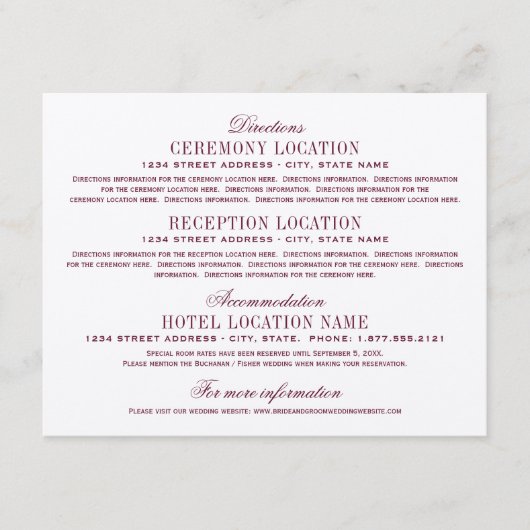 Carte D'accompagnement Maroon Red Elegant Mariage Information (Devant)