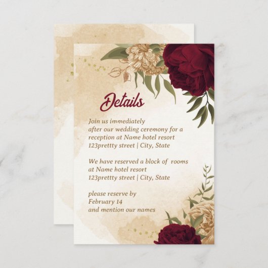 Carte D'accompagnement Maroon vert beige or botanique (Devant / Derrière)