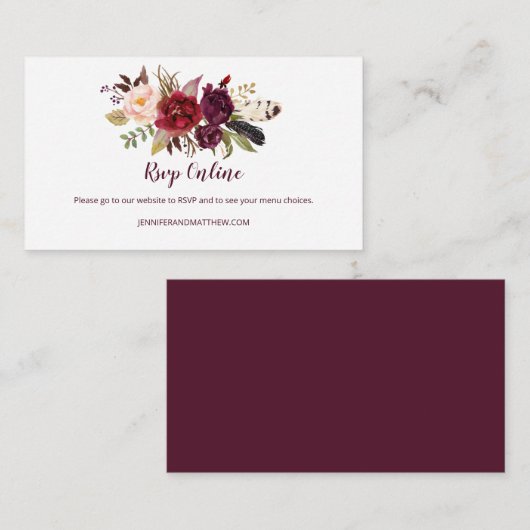 Carte D'accompagnement Marsala Boho Plumes Floral RSVP en ligne | (Devant / Derrière)