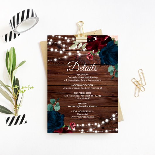 Carte D'accompagnement Marsala & Navy Flowers Détails du Mariage Boîtier