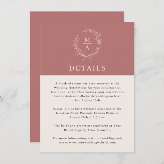 Carte D'accompagnement Marsala Vin Simple Élégant Monogramme Détails (Devant / Derrière)