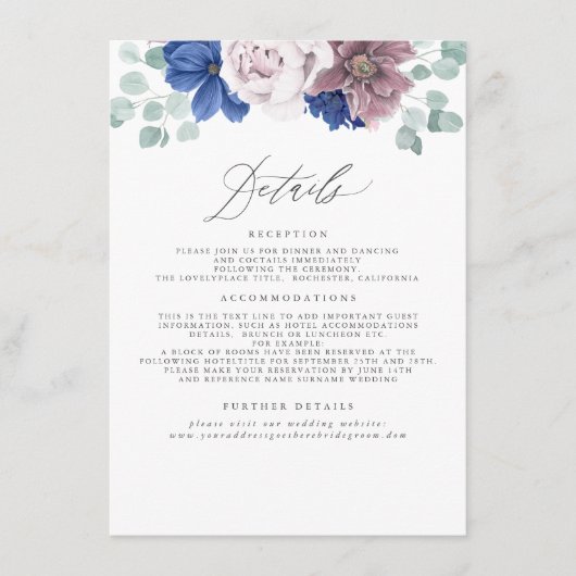 Carte D'accompagnement Mauve et Marine Blue Floral Information Mariage (Devant)