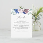 Carte D'accompagnement Mauve et Marine Blue Floral Information Mariage (Debout devant)