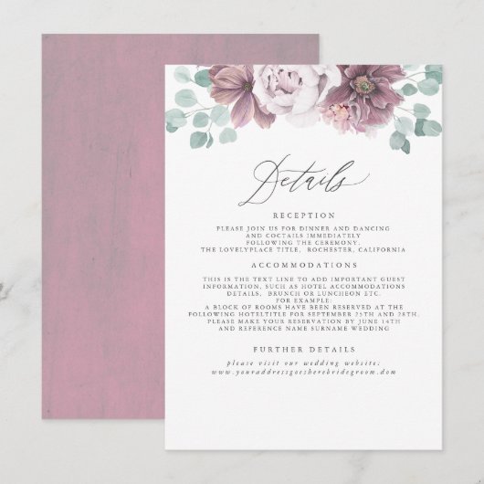 Carte D'accompagnement Mauve Floral Information Mariage (Devant / Derrière)