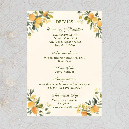 Carte D'accompagnement Mediterranean Citrus Botanical Wedding