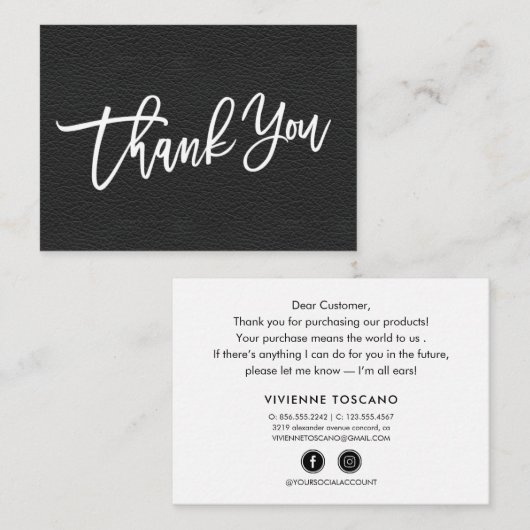Carte D'accompagnement Merci en cuir noir écrit à la main client (Devant / Derrière)