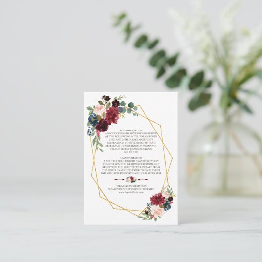 Carte D'accompagnement Merlot Navy Blue Floral Gold Frame Détails du Mari (Debout devant)